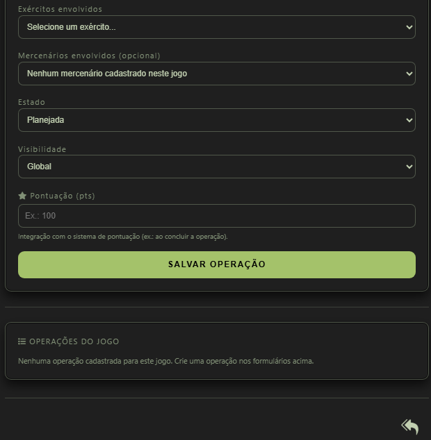 Final de Operações com veículos com exércitos envolvidos, mercenários envolvidos, estado, visibilidade, pontuação, Salvar Operação e lista Operações do jogo.
